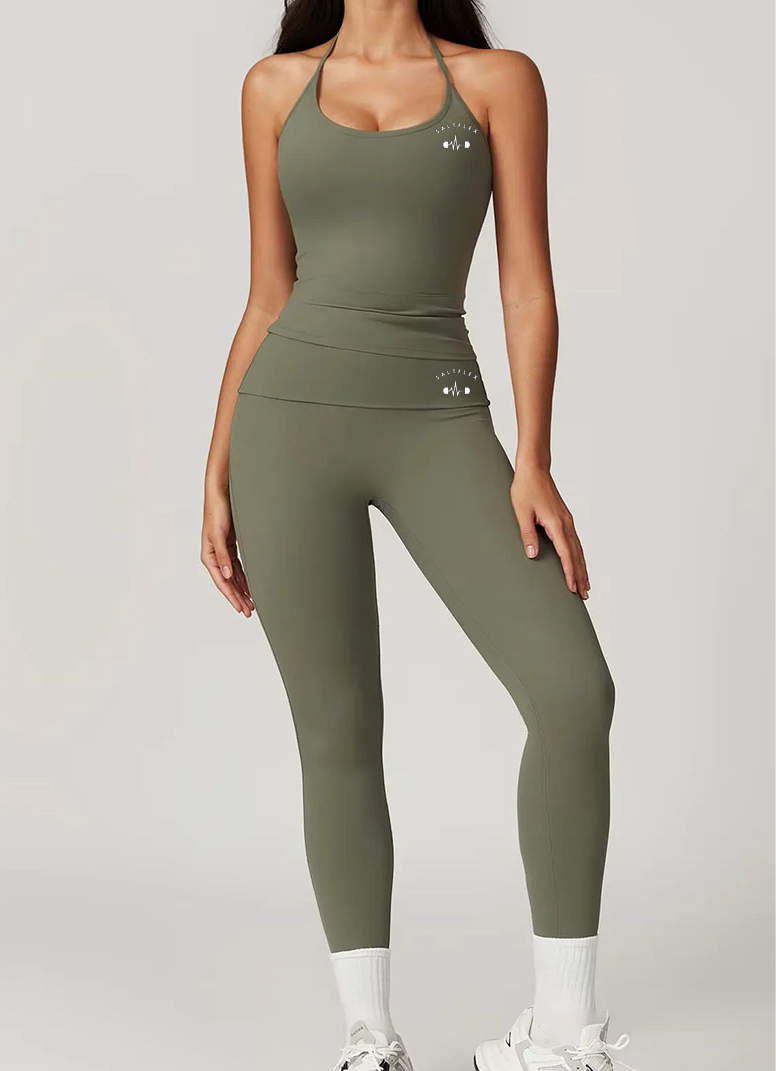 Green halter neck seamless sports set